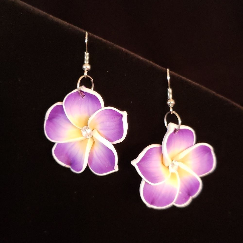 Beautiful Purple Yellow Tropical Flower Blossom Earrings - Picture 2 of 3